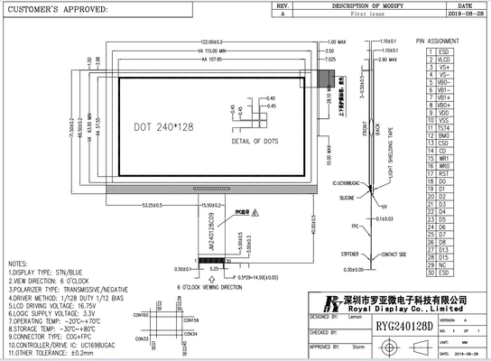 STN Blauw 240*128 grafisch transmisief negatief UC1698U COG LCD-module