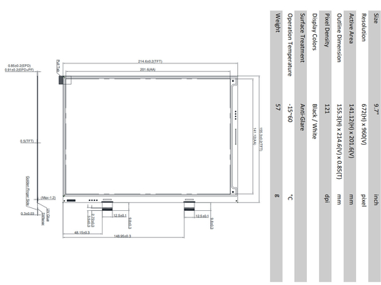 9.7'' e-papier display module met aanraakbreedte temperatuur op maat optionele