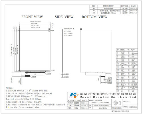 13.3'6 kleur 1200*1600 E-papier display hoge helderheid